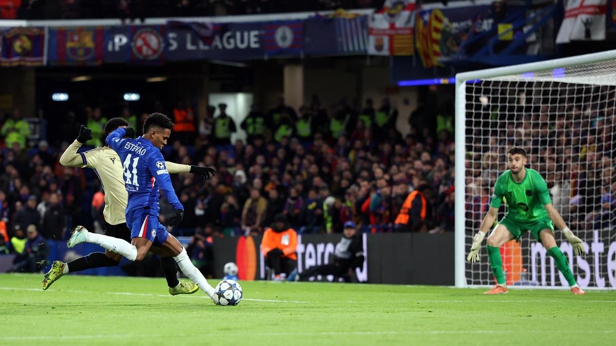 18-year-old Estevao scores Chelsea's second goal during the UEFA Champions League match against Barcelona at Stamford Bridge, London, on Tuesday.