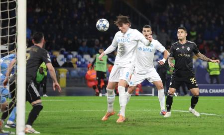 Scott McTominay scores Napoli's first goal against Qarabag at Stadio Diego Armando Maradona, Naples, Italy.