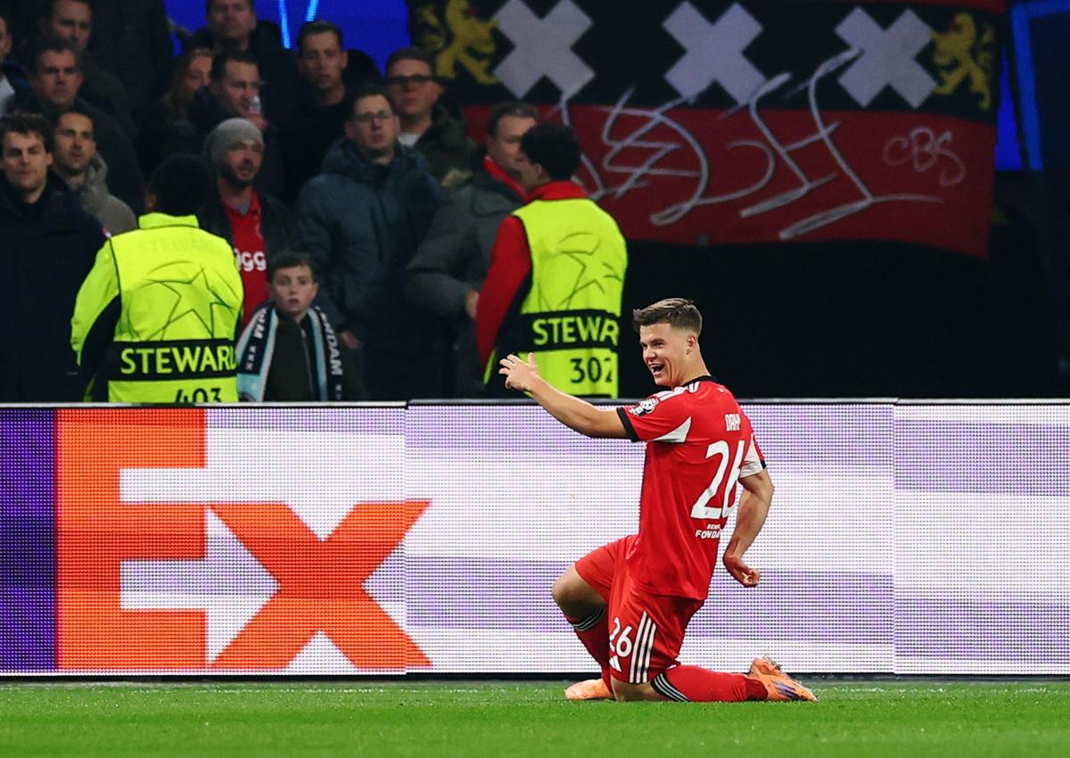 Samuel Dahl celebrates scoring Benfica's first goal against Ajax Amsterdam at the Johan Cruijff Arena, Amsterdam.