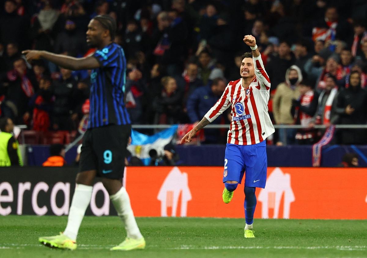 Jose Maria Gimenez celebrates scoring Atletico Madrid's second goal against Inter Milan, at Riyadh Air Metropolitano, Madrid.