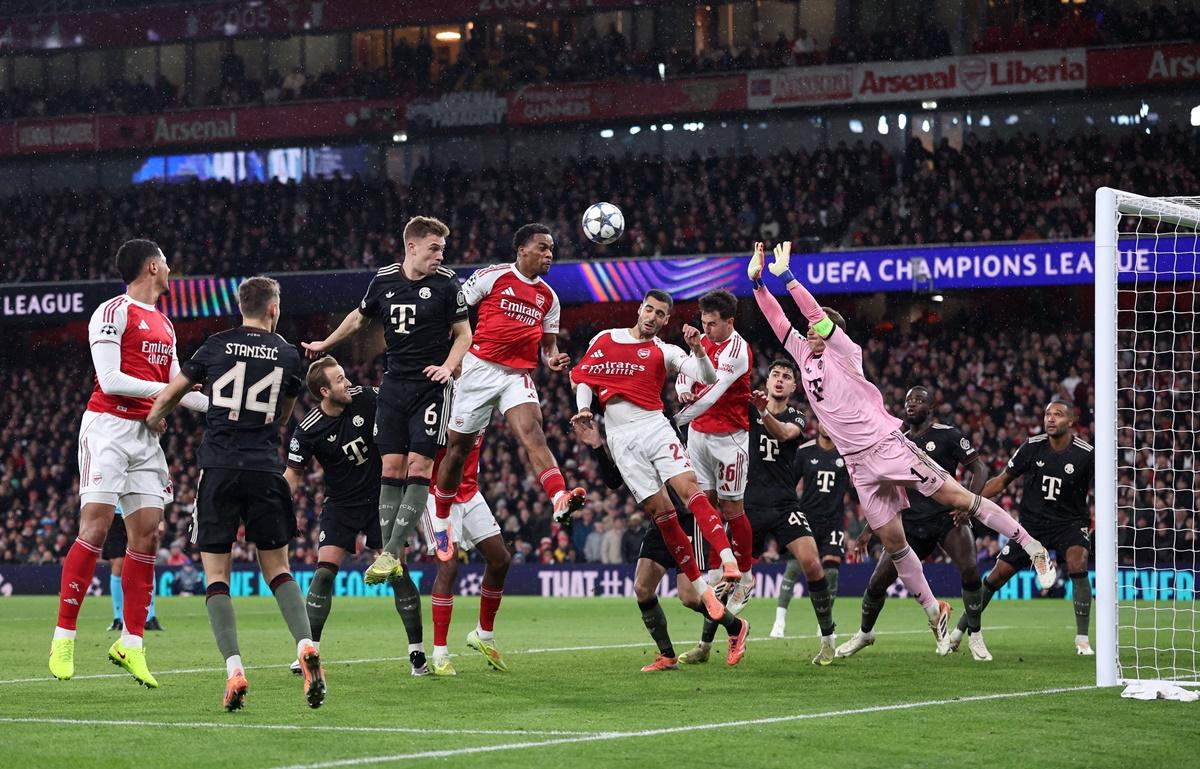 Jurrien Timber scores Arsenal's first goal against Bayern Munich, at Emirates Stadium, London.