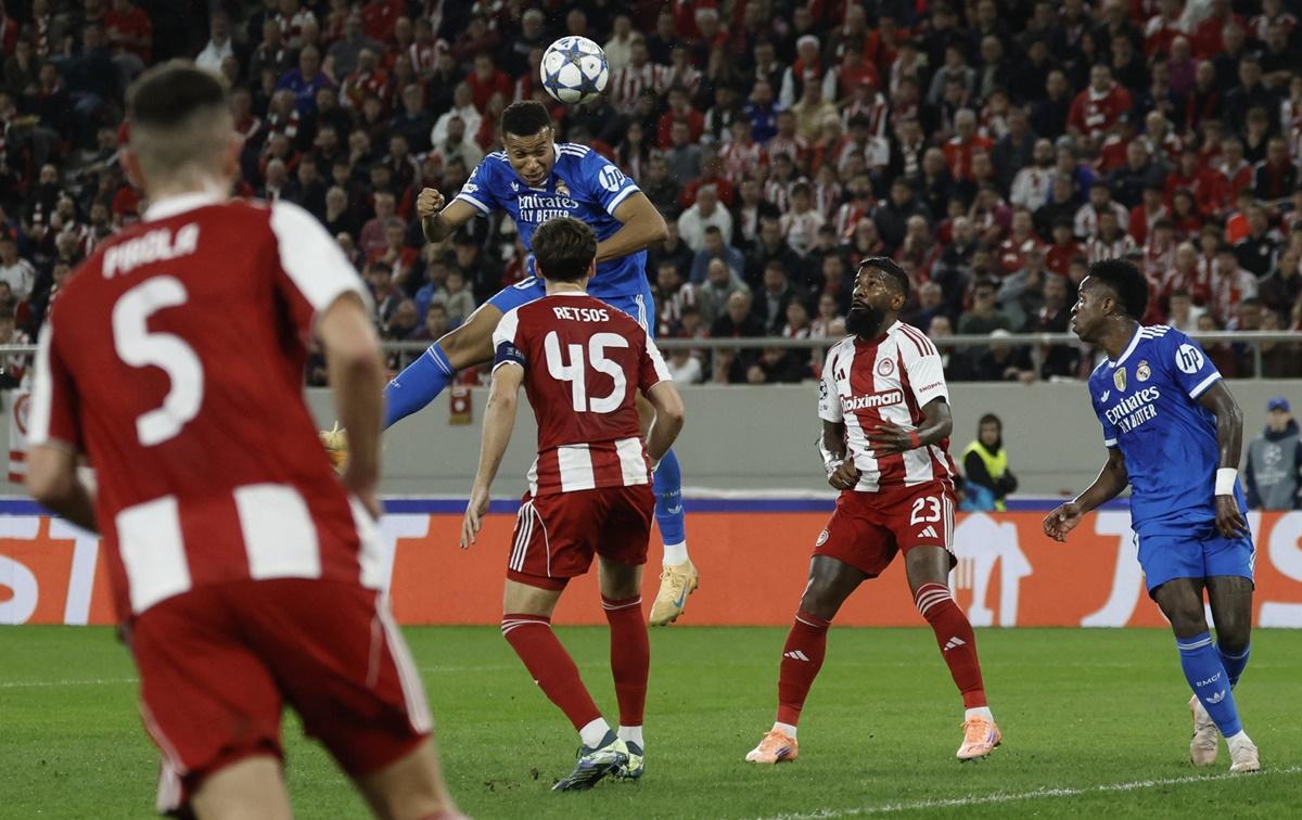 Kylian Mbappe scores Real Madrid's second goal against Olympiacos, at Georgios Karaiskakis Stadium, Piraeus, Greece.