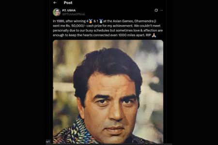 PT Usha's post paying tribute to Dharmendra