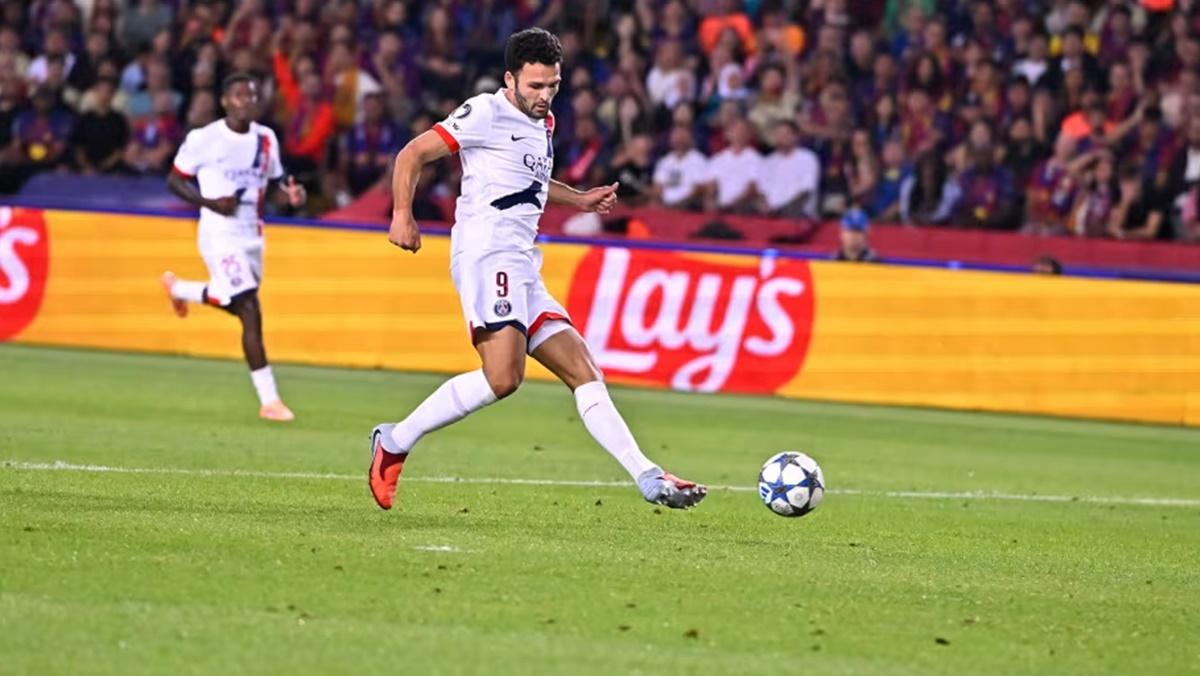 Gonçalo Ramos connects Achraf Hakimi's perfect cross to score the winning goal for Paris St Germain in the Champions League match against Barcelona on Wednesday.