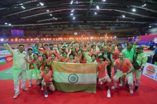 The Indian team celebrates after defeating South Korea to reach the semi-finals of the BWF World Junior Mixed Team Championship 2025 in Guwahati on Thursday