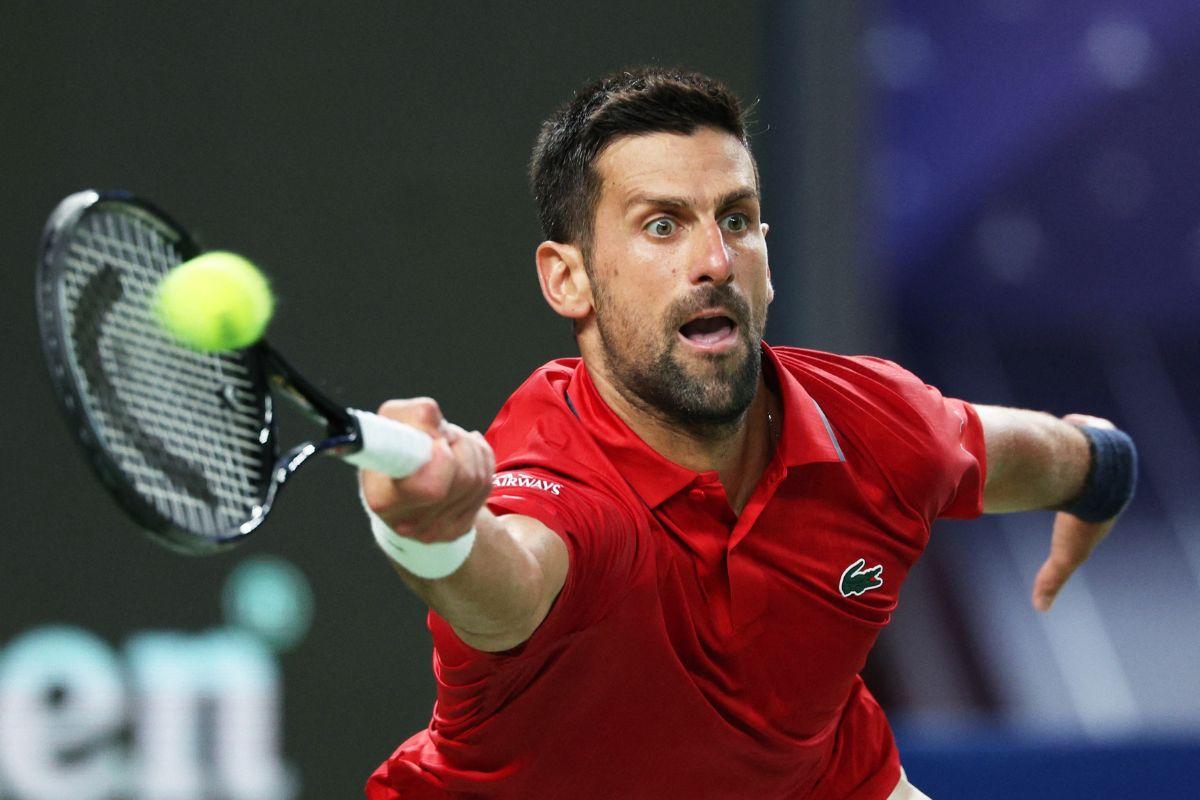 Serbia's Novak Djokovic stretches to return during his Shanghai Masters quarter-final against Belgium's Zizou Bergs at Qizhong Forest Sports City Arena, Shanghai, China, on Thursday