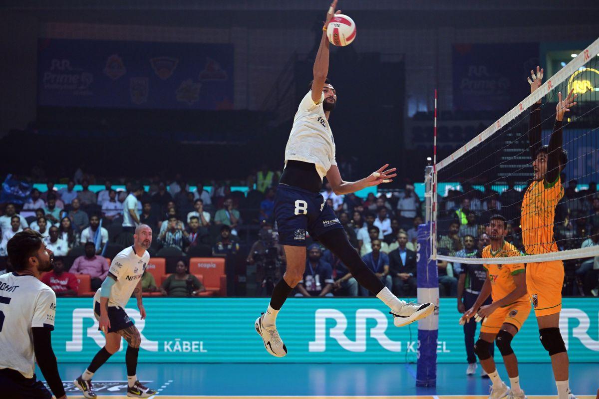 Goa Guardians' Prince Malik in action against Chennai Blitz during their Premier Volleyball League match on Thursday