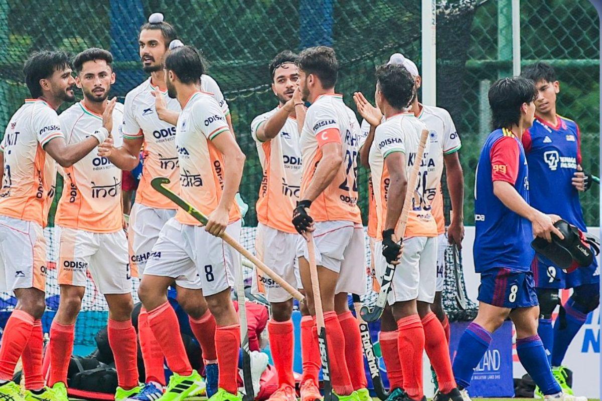 India players celebrate a goal against Malaysia in their Sultan of Johor Cup match in Johor Bahru, Malaysia, on Friday
