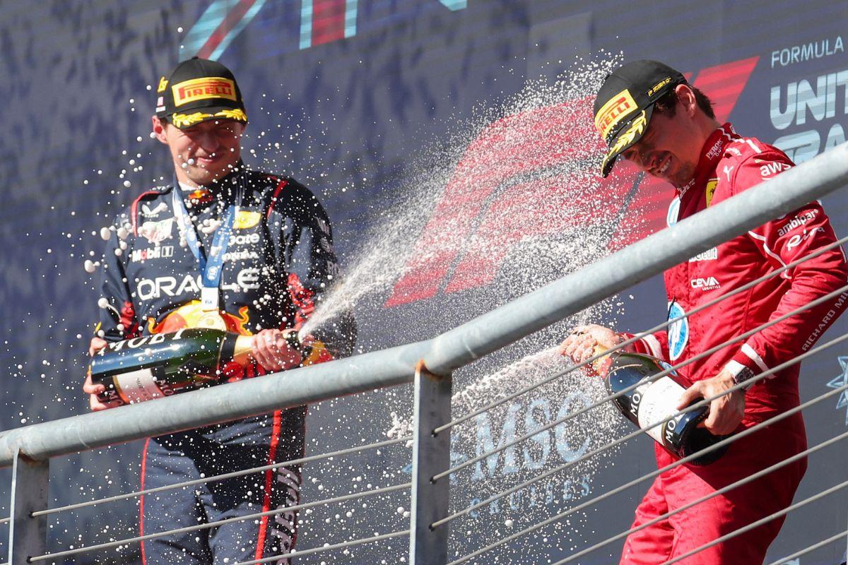 Winner and Red Bull Racing's Max Verstappen (1) celebrates with 2nd place McLaren's Lando Norris (4) after the US Open Grand Prix at Circuit of The Americas Austin, Texas on Sunday