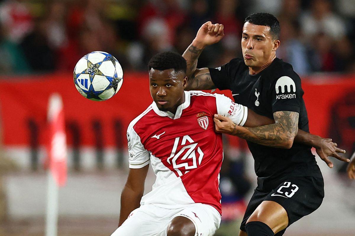 AS Monaco's Ansu Fati in action with Tottenham Hotspur's Pedro Porro