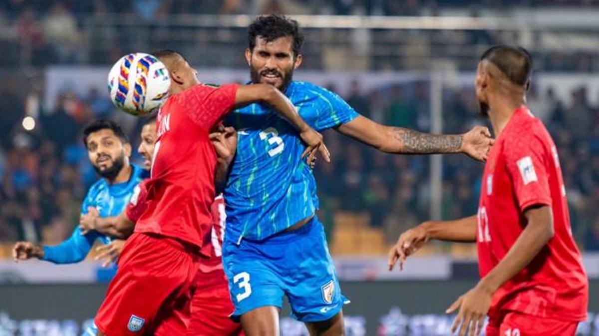 Action in the AFC Asian Cup 2027 qualifiers between India and Bangladesh