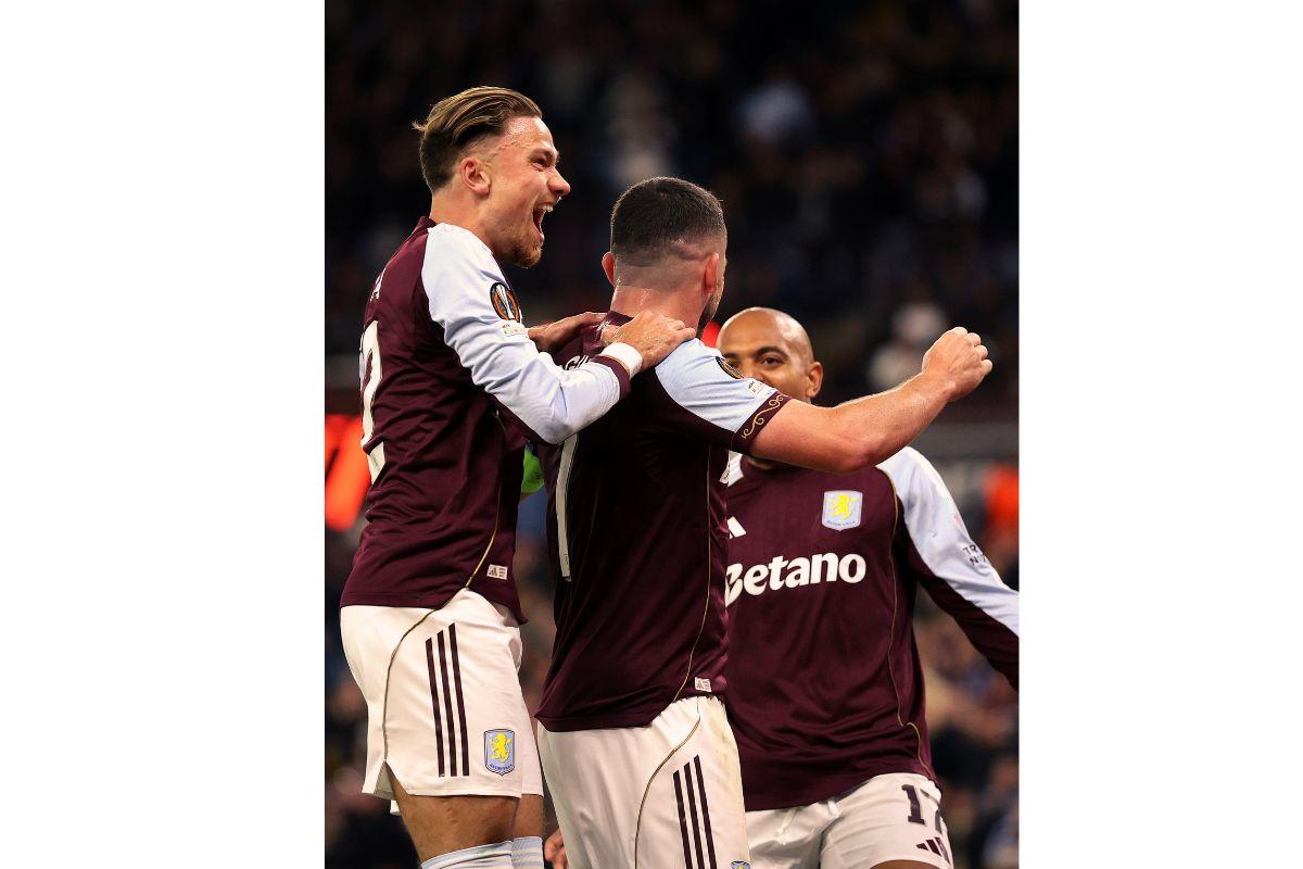 Aston Villa players celebrate a goal against Bologna in Villa Park, Birmingham, on Thursday
