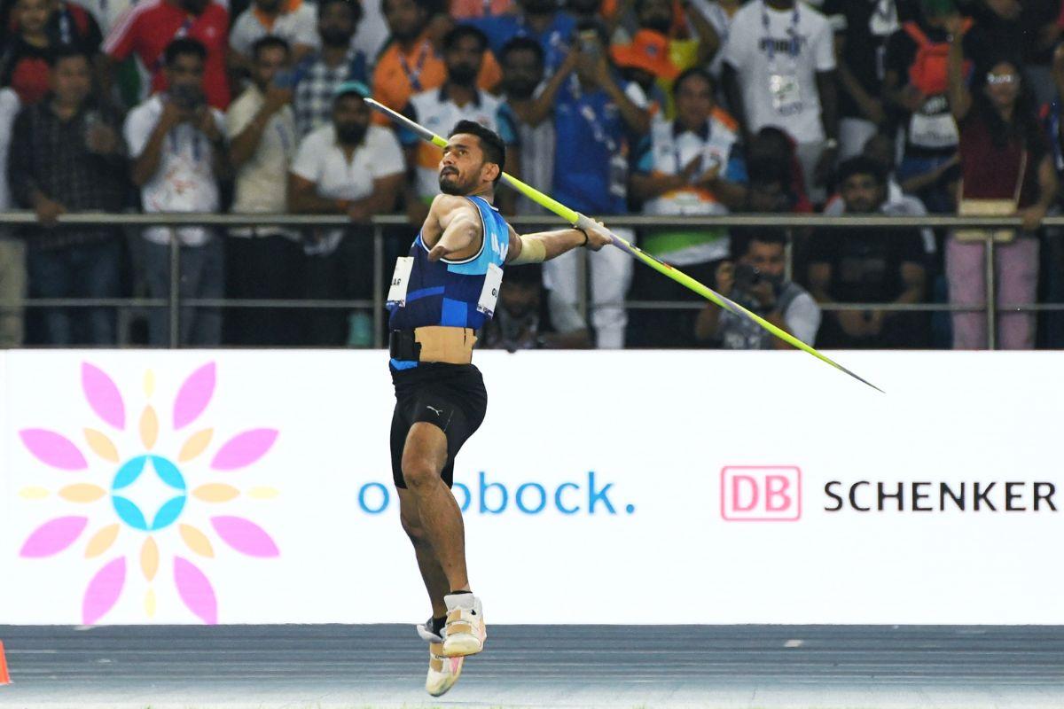 Para javelin thrower Sundar Singh Gurjar in action during the Men’s Javelin throw F46 at World Para Athletics Championships, in New Delhi on Monday