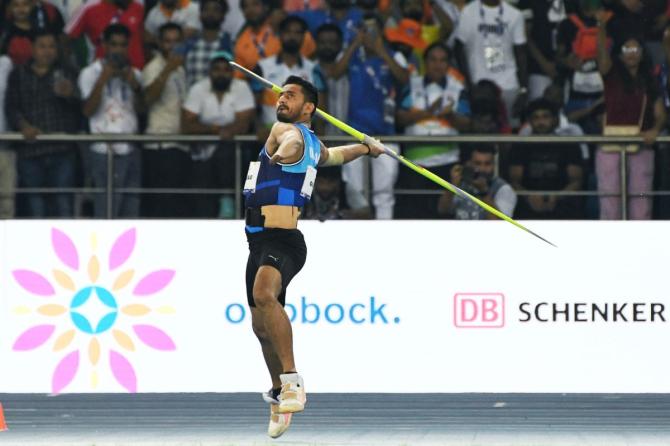 Para javelin thrower Sundar Singh Gurjar in action during the Men’s Javelin throw F46 at World Para Athletics Championships, in New Delhi on Monday