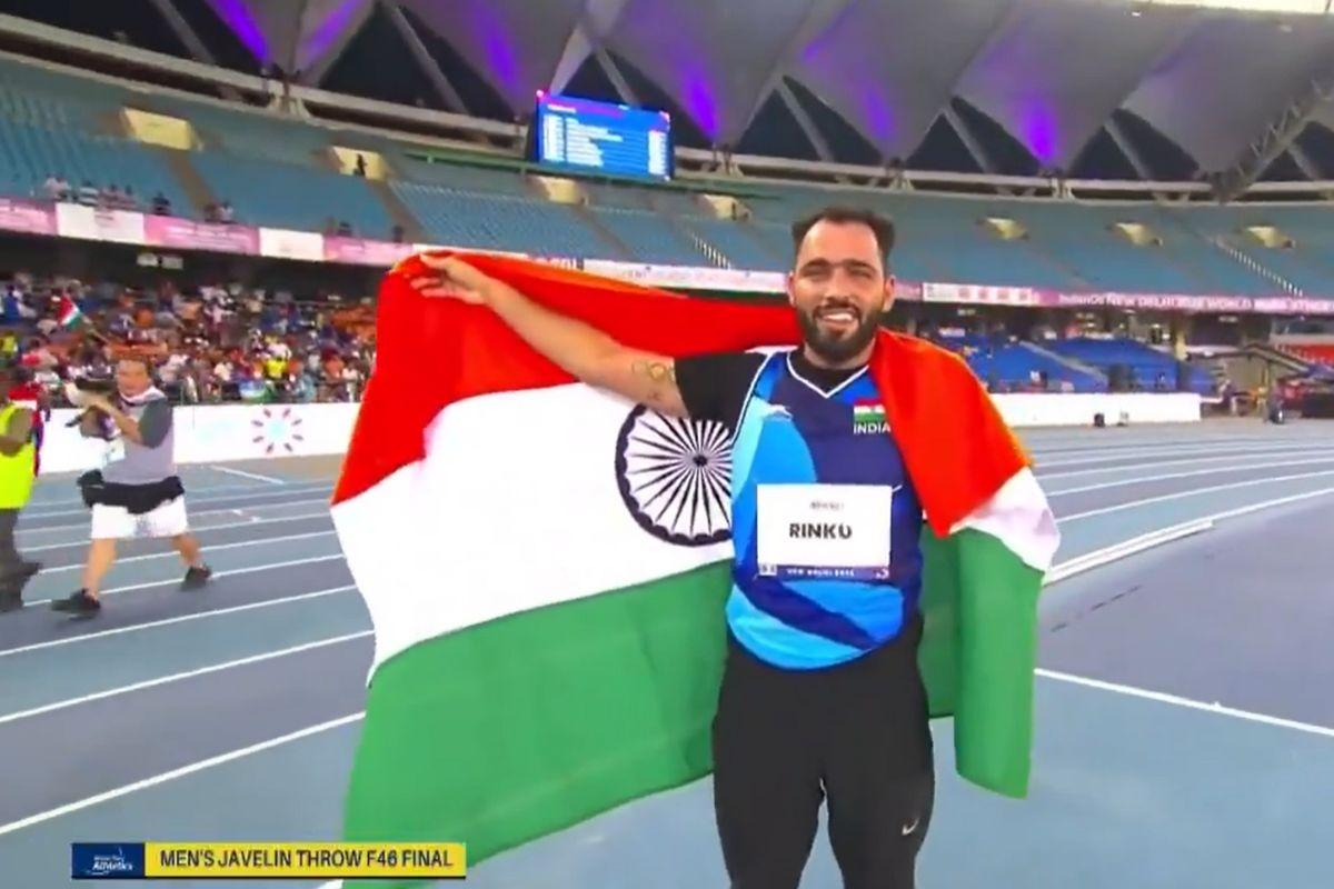 Rinku Hooda set a new record throwing his javelin at a distance of 66.37m to win the gold World Para Athletics Championships in the men's javelin throw F46 event, in New Delhi on Monday