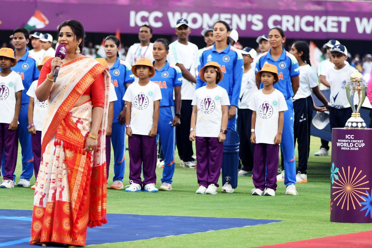 Shreya Ghosal sings the Indian national anthem at the ICC Women's World Cup opening ceremony in Guwahati on Tuesday